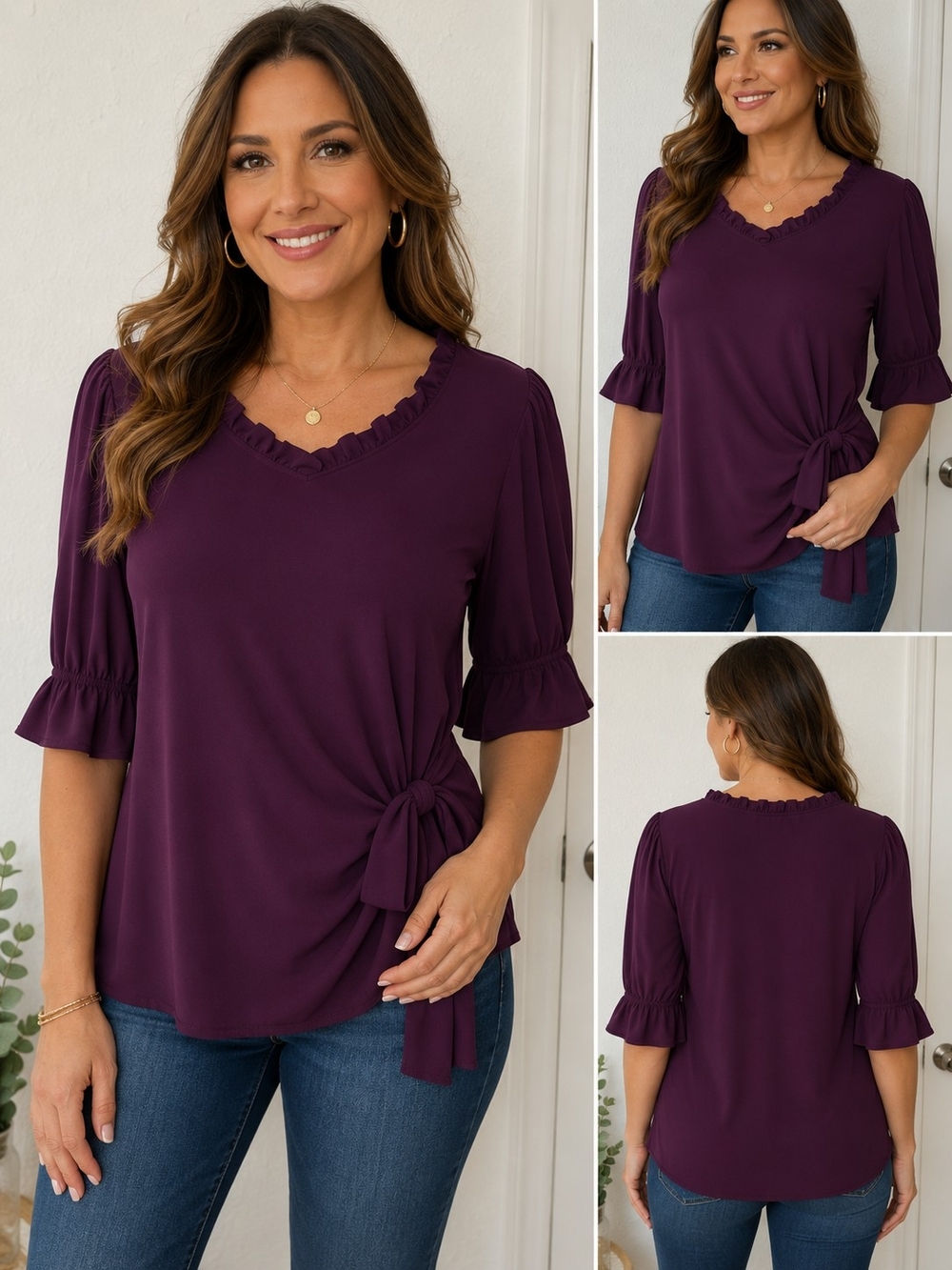 Perceptions Concept Plum Ruffle Side-Tie Blouse Bell Sleeves Size L NWOT